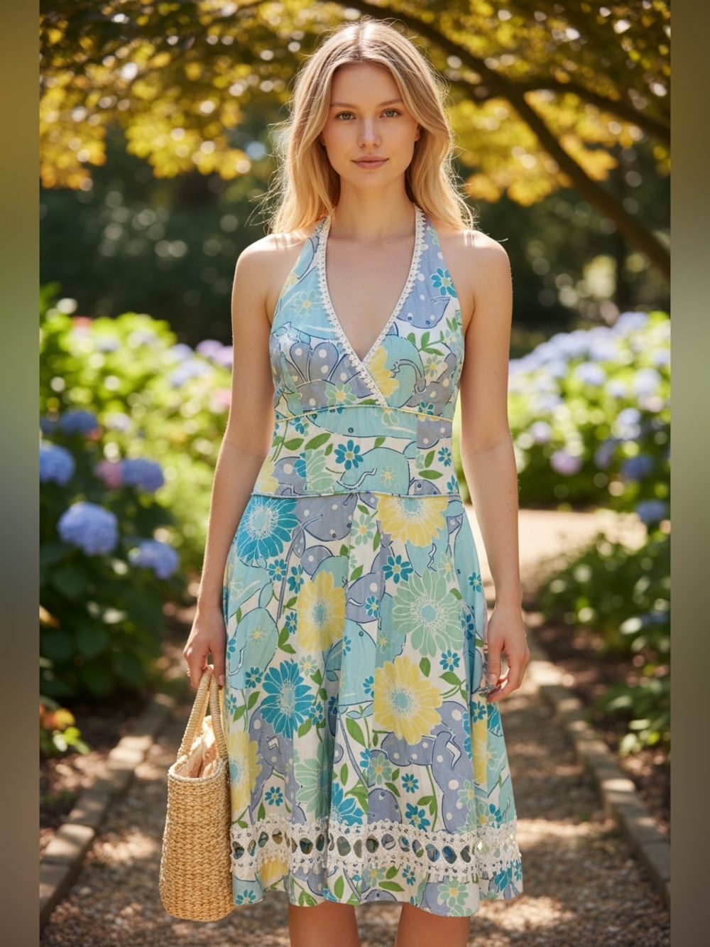 Vintage Lilly Pulitzer Yellow, Light Blue & White Floral Halter Dress size 4
